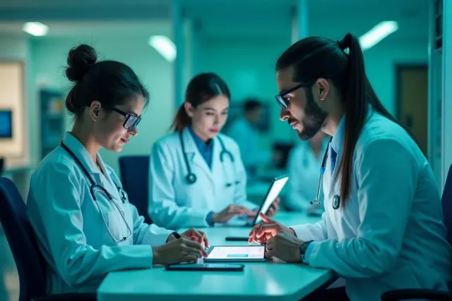 Médicos discutindo um caso clínico em tablets